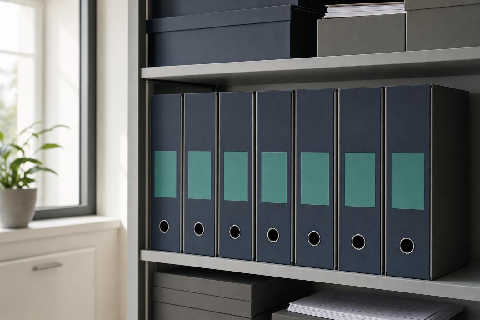 Seven navy archive box files with teal labels in a row on an office shelf.